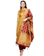 Jaipur Kurti Women Yellow and Maroon Solid Chanderi Kurta