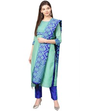 Jaipur Kurti Women Green And Blue Solid Straight Chanderi Kurta 