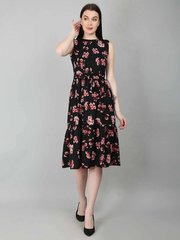 Black Floral Tiered Belted Dress